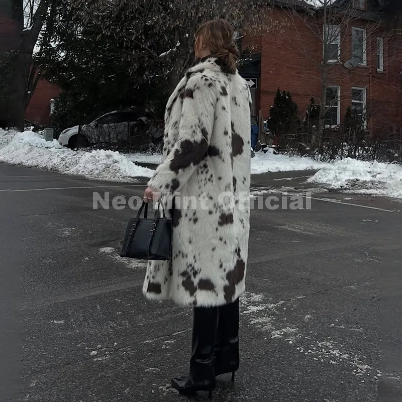 Neo Mint New 2025 Luxury Hot Brand Fashion Cow Print Long Faux Fur Coat Jacket Women Winter Thick Warm Outerwear Fluffy Overcoat