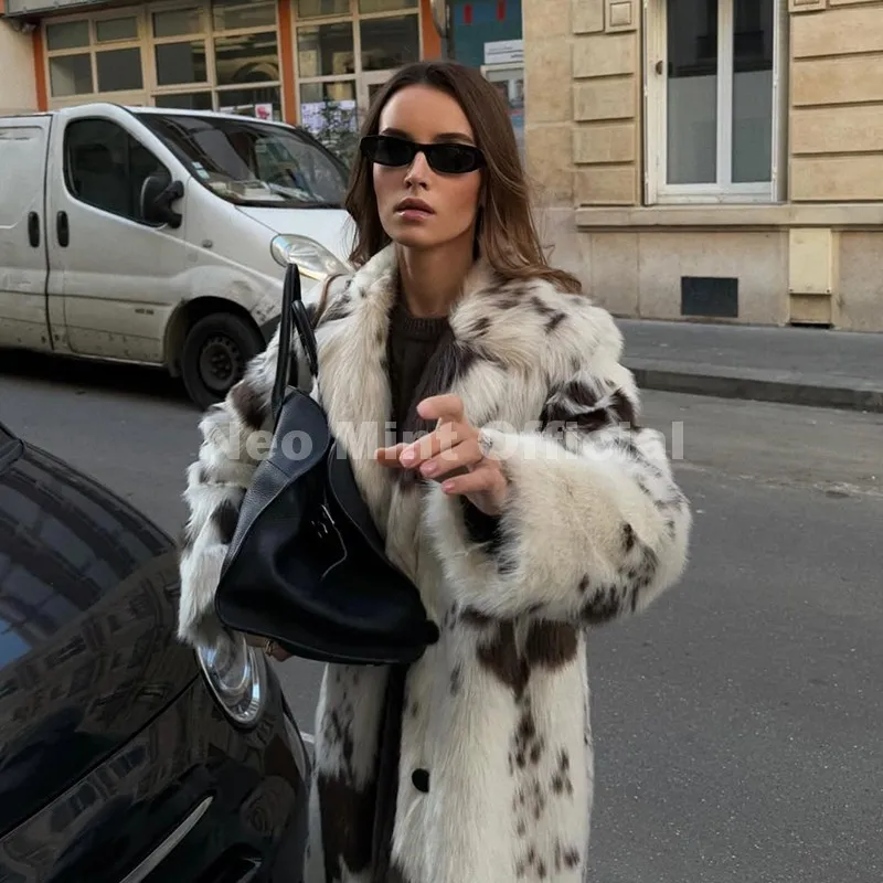 Neo Mint New 2025 Luxury Hot Brand Fashion Cow Print Long Faux Fur Coat Jacket Women Winter Thick Warm Outerwear Fluffy Overcoat