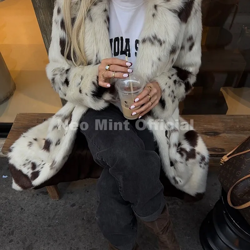 Neo Mint New 2025 Luxury Hot Brand Fashion Cow Print Long Faux Fur Coat Jacket Women Winter Thick Warm Outerwear Fluffy Overcoat