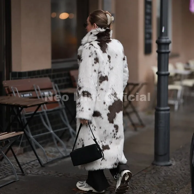 Neo Mint New 2025 Luxury Hot Brand Fashion Cow Print Long Faux Fur Coat Jacket Women Winter Thick Warm Outerwear Fluffy Overcoat