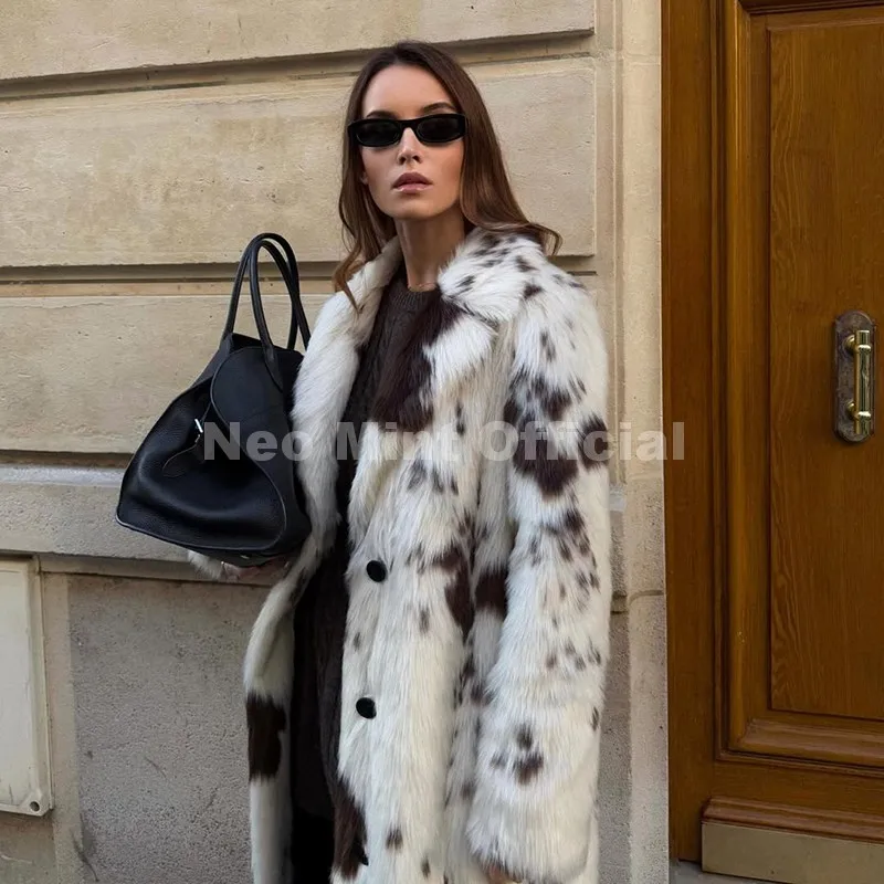 Neo Mint New 2025 Luxury Hot Brand Fashion Cow Print Long Faux Fur Coat Jacket Women Winter Thick Warm Outerwear Fluffy Overcoat