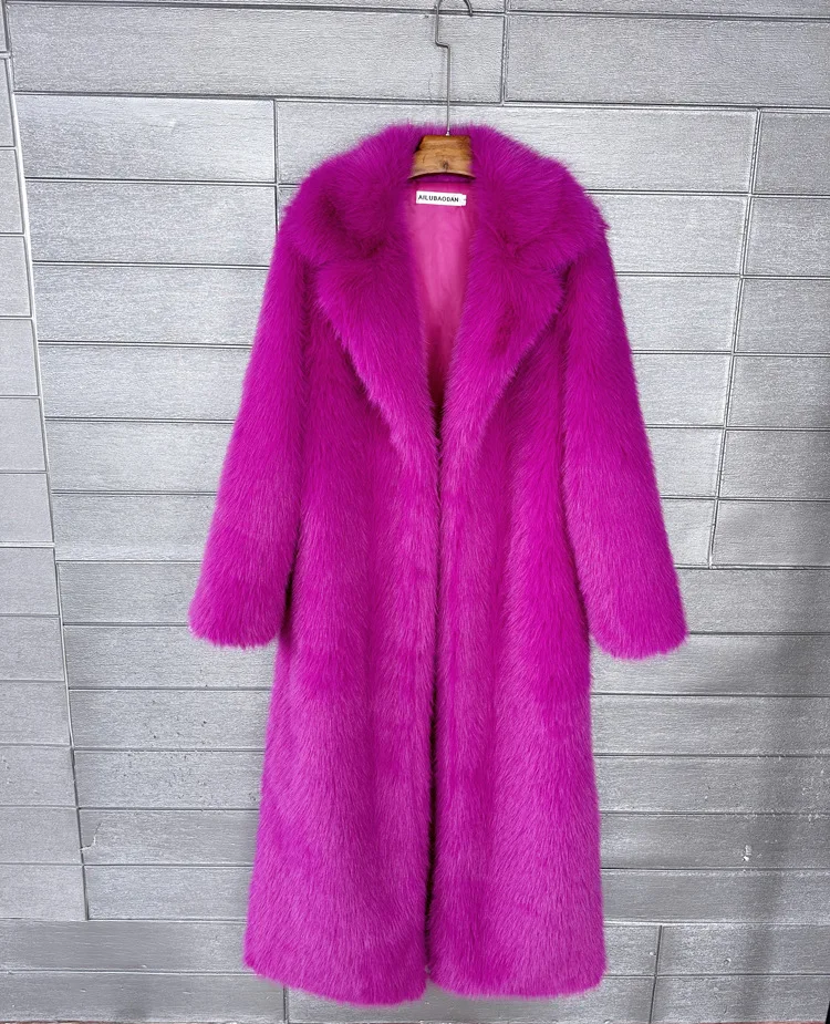 Long Faux Fur Coat Women Autumn Winter Large Jacket Overcoat White Turn Down Collar Pockets Thick Coat Warm Jackets Maxi Coats