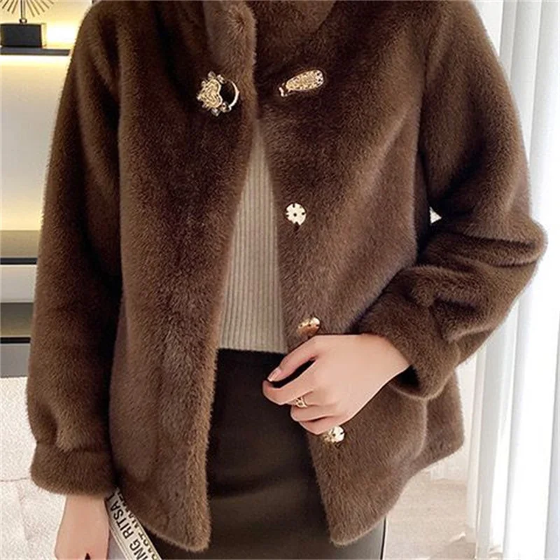 Winter New Mink-Like Coat Women Fur Jacket Thickened Stand-UP Collar Outwear Short Mink Velvet Overcoat Female Fashion Tide Tops