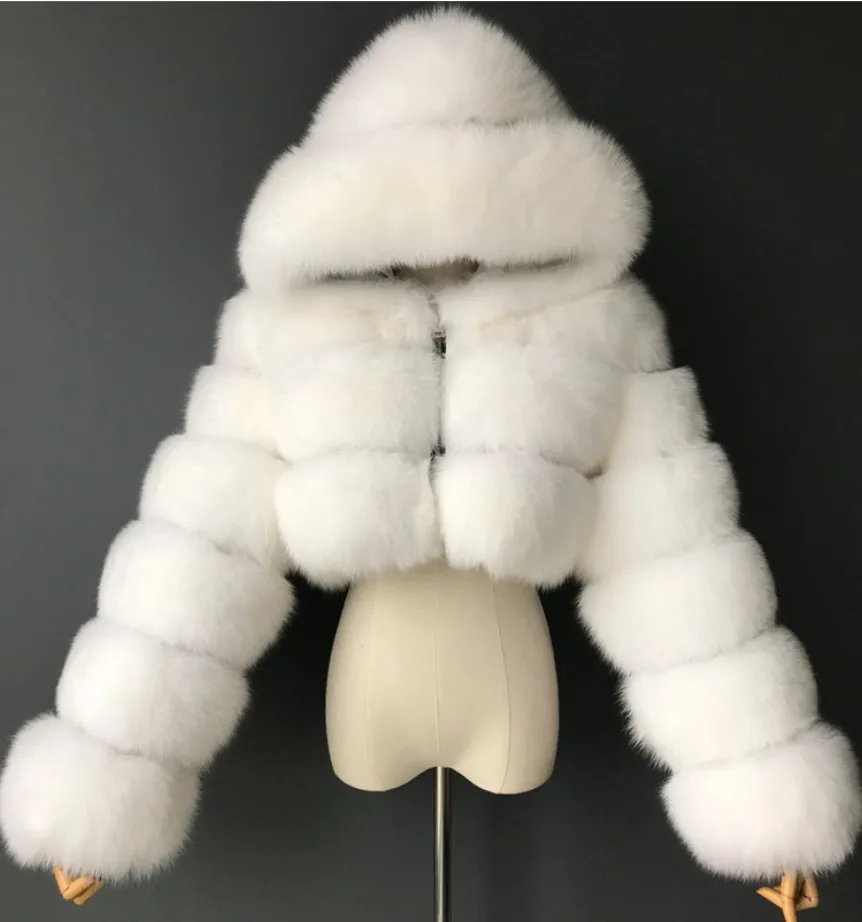 High Quality Furry Cropped Faux Fur Coats and Jackets Women Fluffy Top Coat with Hooded Winter Fur Jacket Manteau Femme