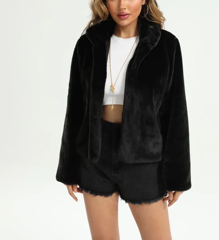 New Black White Faux Rabbit Fur Coat Women High Quality stand collar Short Imitation Fur Jacket Female Plush Outerwear
