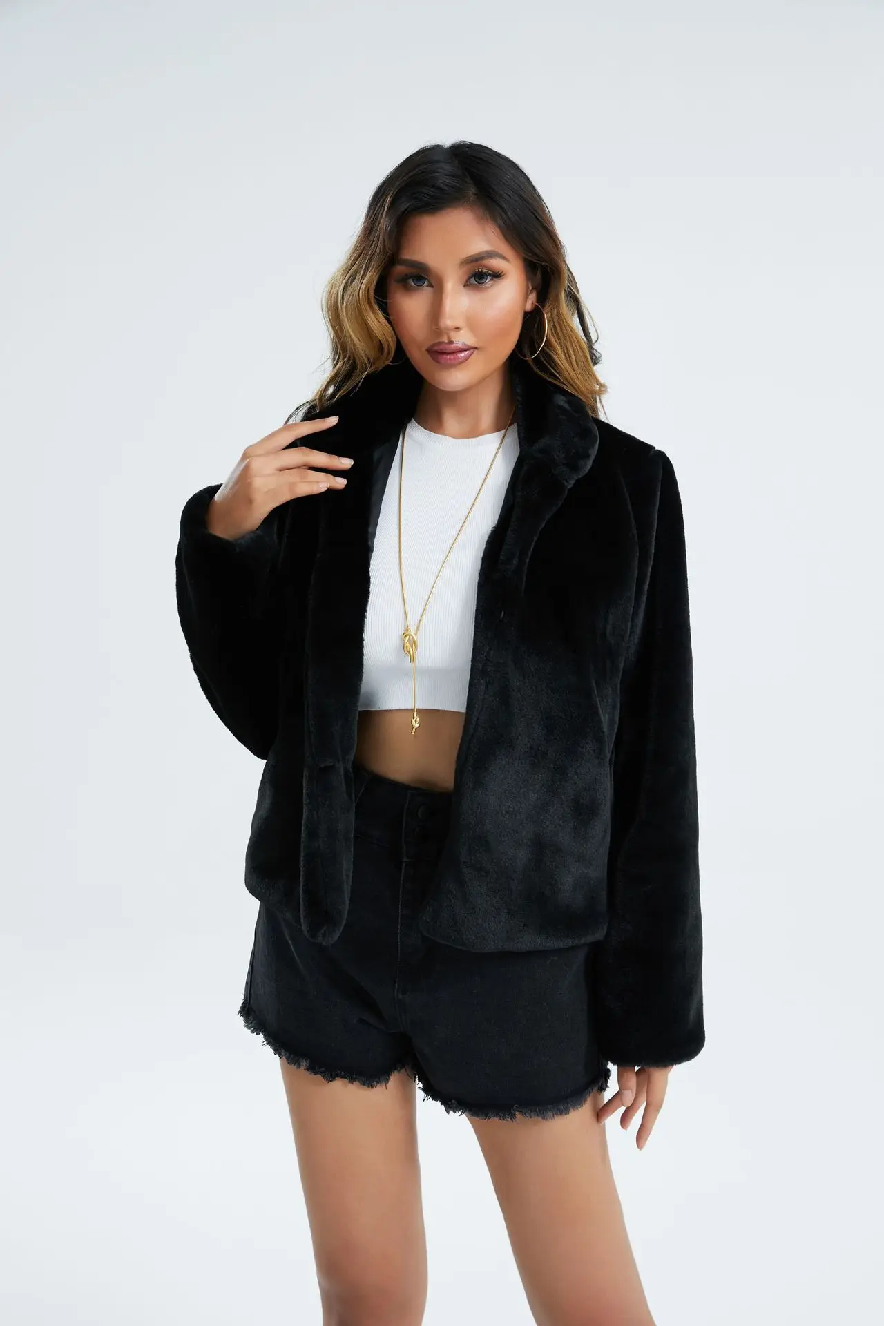 New Black White Faux Rabbit Fur Coat Women High Quality stand collar Short Imitation Fur Jacket Female Plush Outerwear