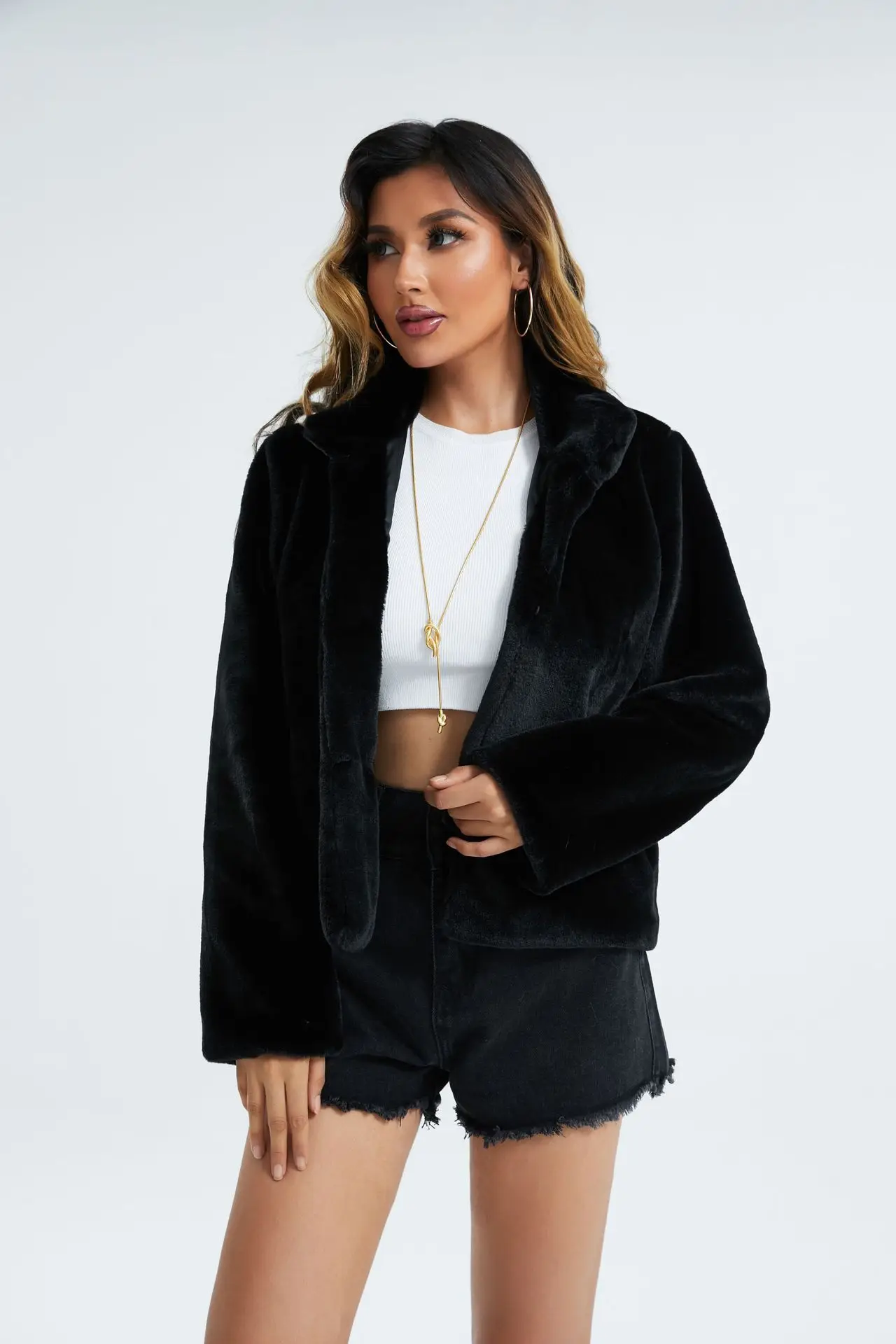 New Black White Faux Rabbit Fur Coat Women High Quality stand collar Short Imitation Fur Jacket Female Plush Outerwear