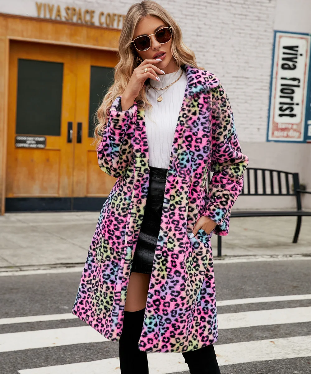 Autumn Winter Fur Coat Women Fashion Casual Square Collar Imitation Leopard Faux Fur Coat Plush Long Coat Winter Jacket