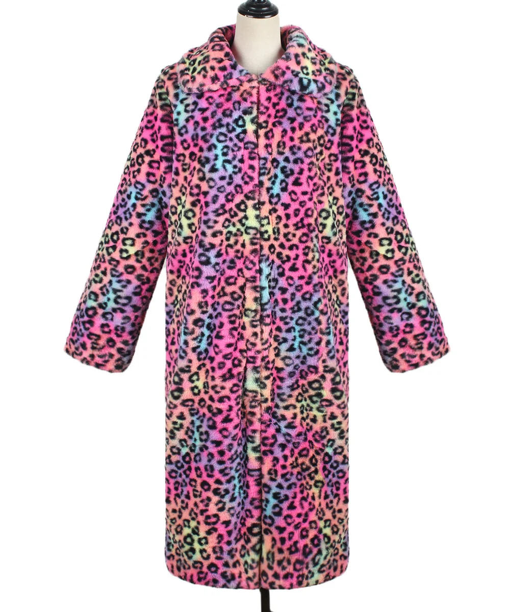 Autumn Winter Fur Coat Women Fashion Casual Square Collar Imitation Leopard Faux Fur Coat Plush Long Coat Winter Jacket