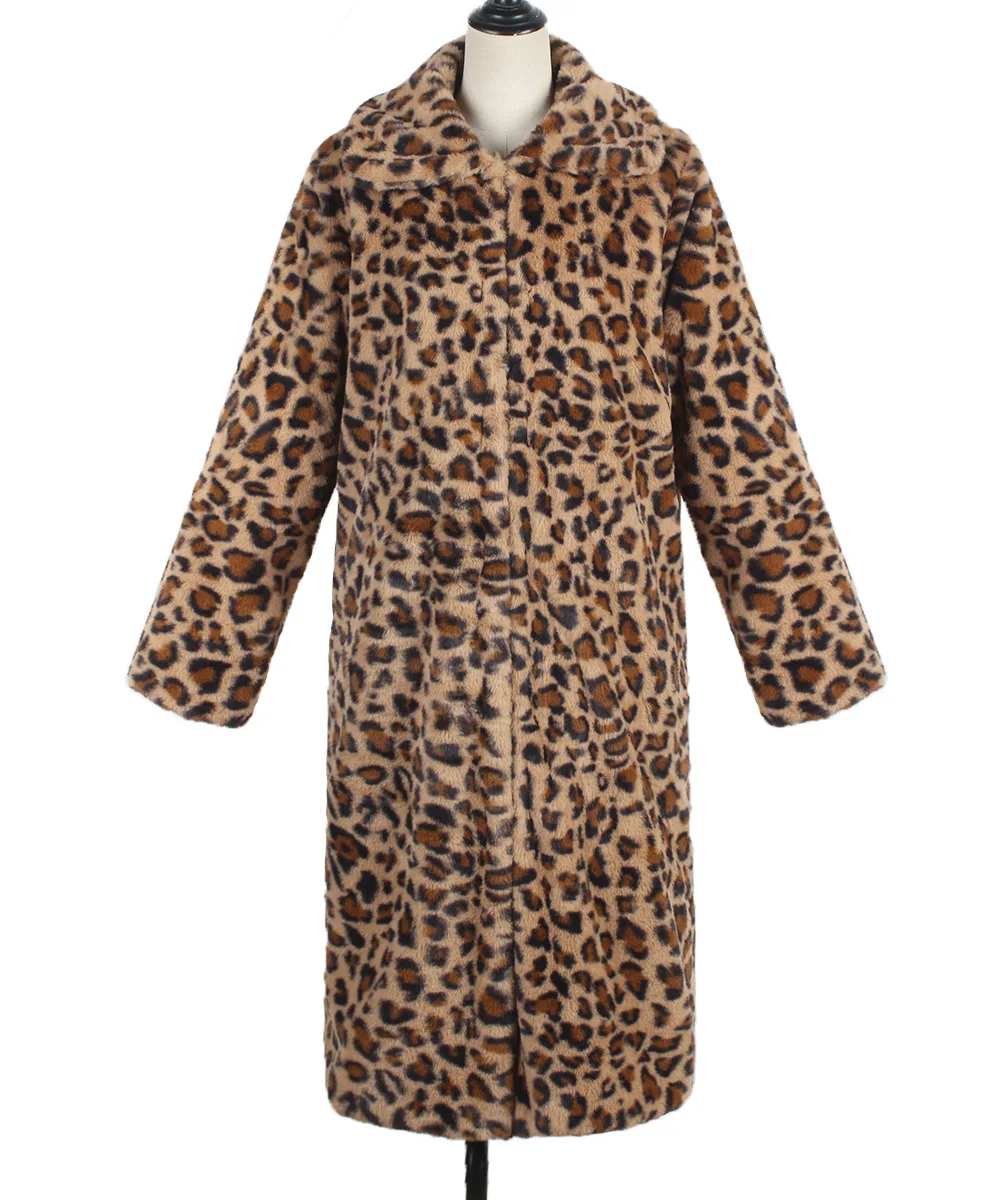 Autumn Winter Fur Coat Women Fashion Casual Square Collar Imitation Leopard Faux Fur Coat Plush Long Coat Winter Jacket