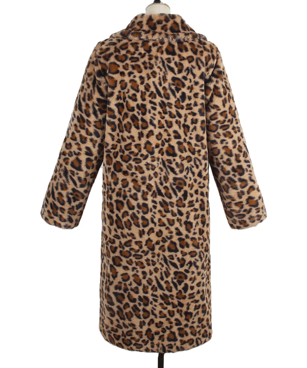 Autumn Winter Fur Coat Women Fashion Casual Square Collar Imitation Leopard Faux Fur Coat Plush Long Coat Winter Jacket