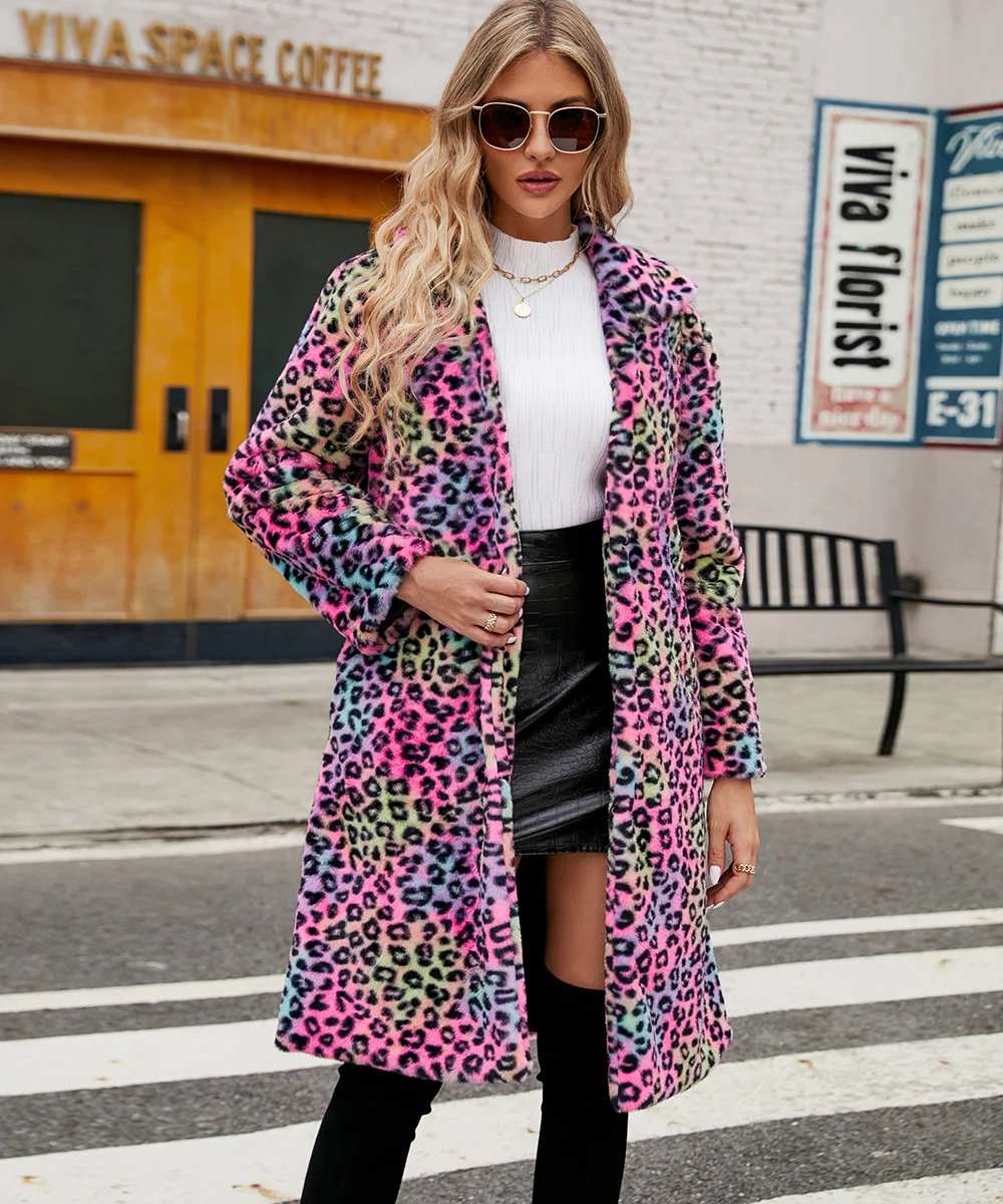 Autumn Winter Fur Coat Women Fashion Casual Square Collar Imitation Leopard Faux Fur Coat Plush Long Coat Winter Jacket