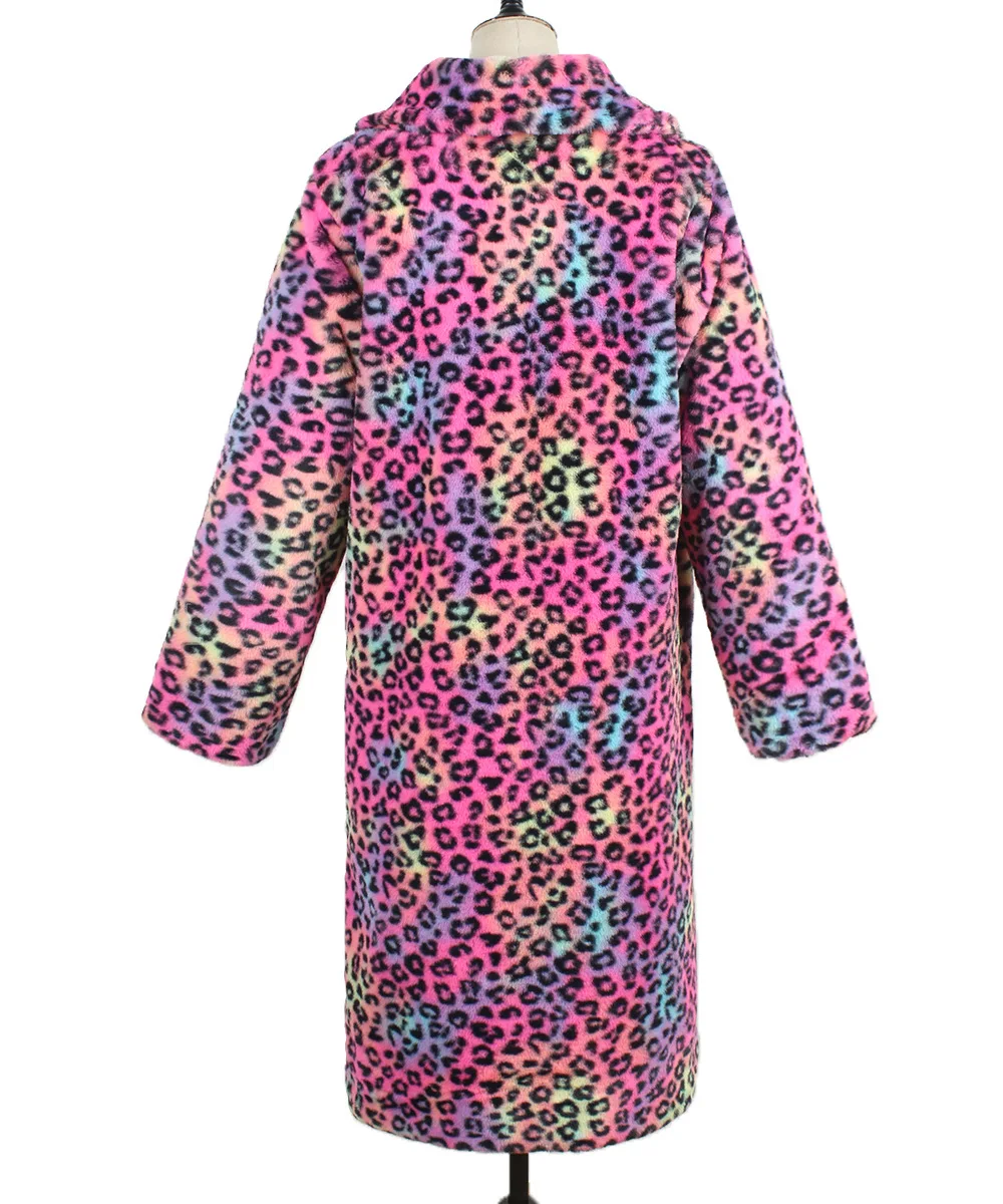 Autumn Winter Fur Coat Women Fashion Casual Square Collar Imitation Leopard Faux Fur Coat Plush Long Coat Winter Jacket