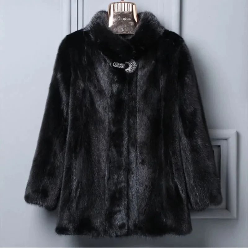 Women's Mink Coat 2027 Winter New Fashion Faux Fur Coat Black Stand Collar Fur Jacket Female Loose Warm Thick Parka Overcoat 9XL