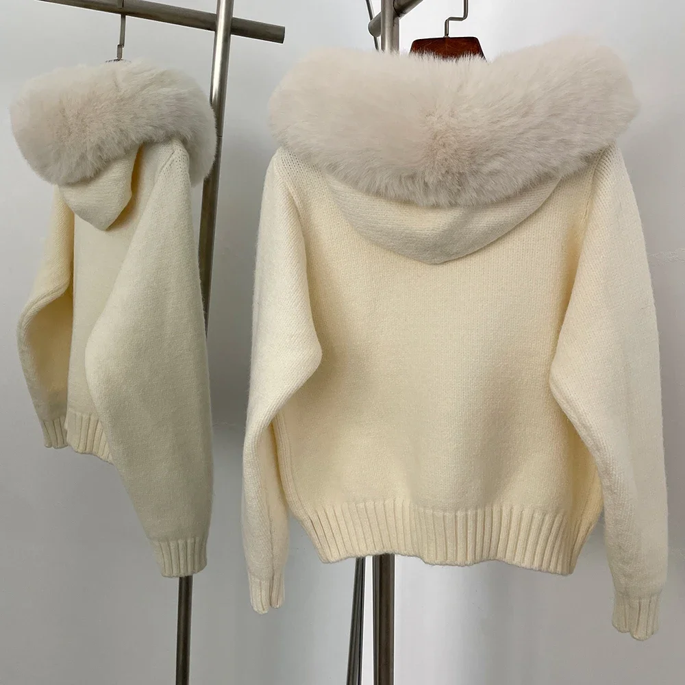 Hooded Oversized Cardigan Women Winter Faux Fur Sweater Female Solid Fake Fur Kintted Coat Fashion Loose Artificial Fur Knitwear