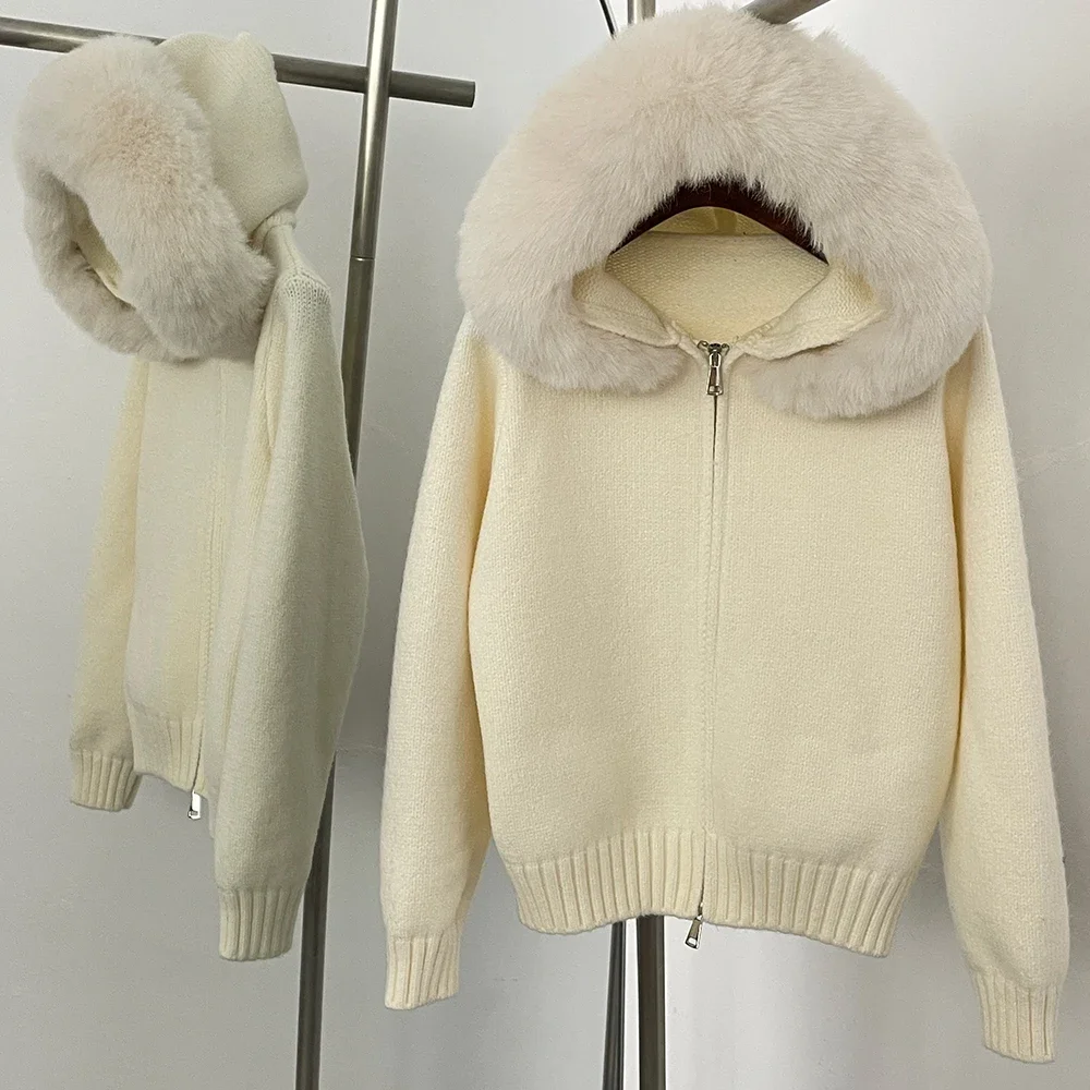 Hooded Oversized Cardigan Women Winter Faux Fur Sweater Female Solid Fake Fur Kintted Coat Fashion Loose Artificial Fur Knitwear
