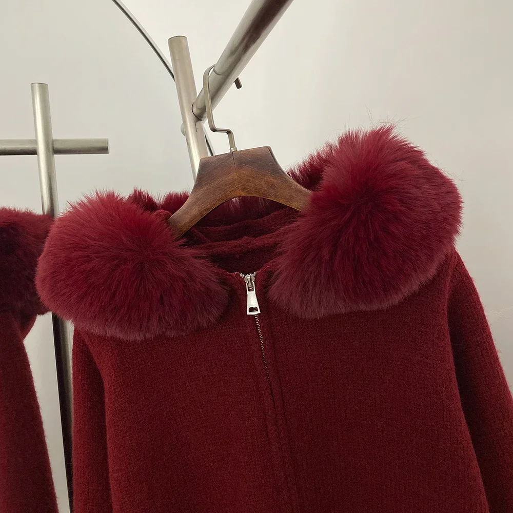 Hooded Oversized Cardigan Women Winter Faux Fur Sweater Female Solid Fake Fur Kintted Coat Fashion Loose Artificial Fur Knitwear