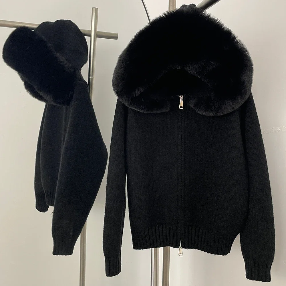 Hooded Oversized Cardigan Women Winter Faux Fur Sweater Female Solid Fake Fur Kintted Coat Fashion Loose Artificial Fur Knitwear