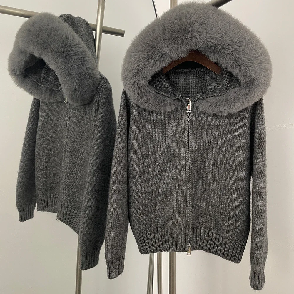 Hooded Oversized Cardigan Women Winter Faux Fur Sweater Female Solid Fake Fur Kintted Coat Fashion Loose Artificial Fur Knitwear