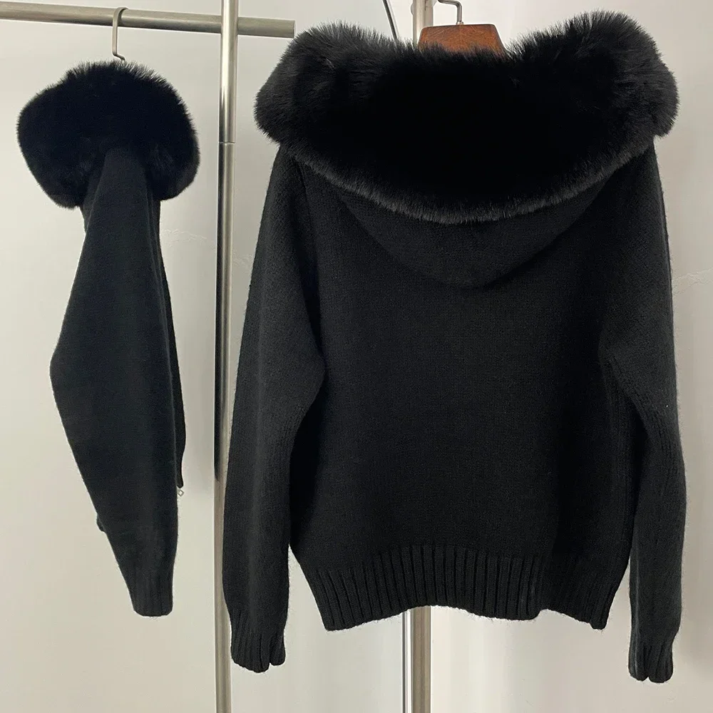 Hooded Oversized Cardigan Women Winter Faux Fur Sweater Female Solid Fake Fur Kintted Coat Fashion Loose Artificial Fur Knitwear