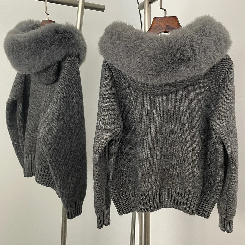 Hooded Oversized Cardigan Women Winter Faux Fur Sweater Female Solid Fake Fur Kintted Coat Fashion Loose Artificial Fur Knitwear