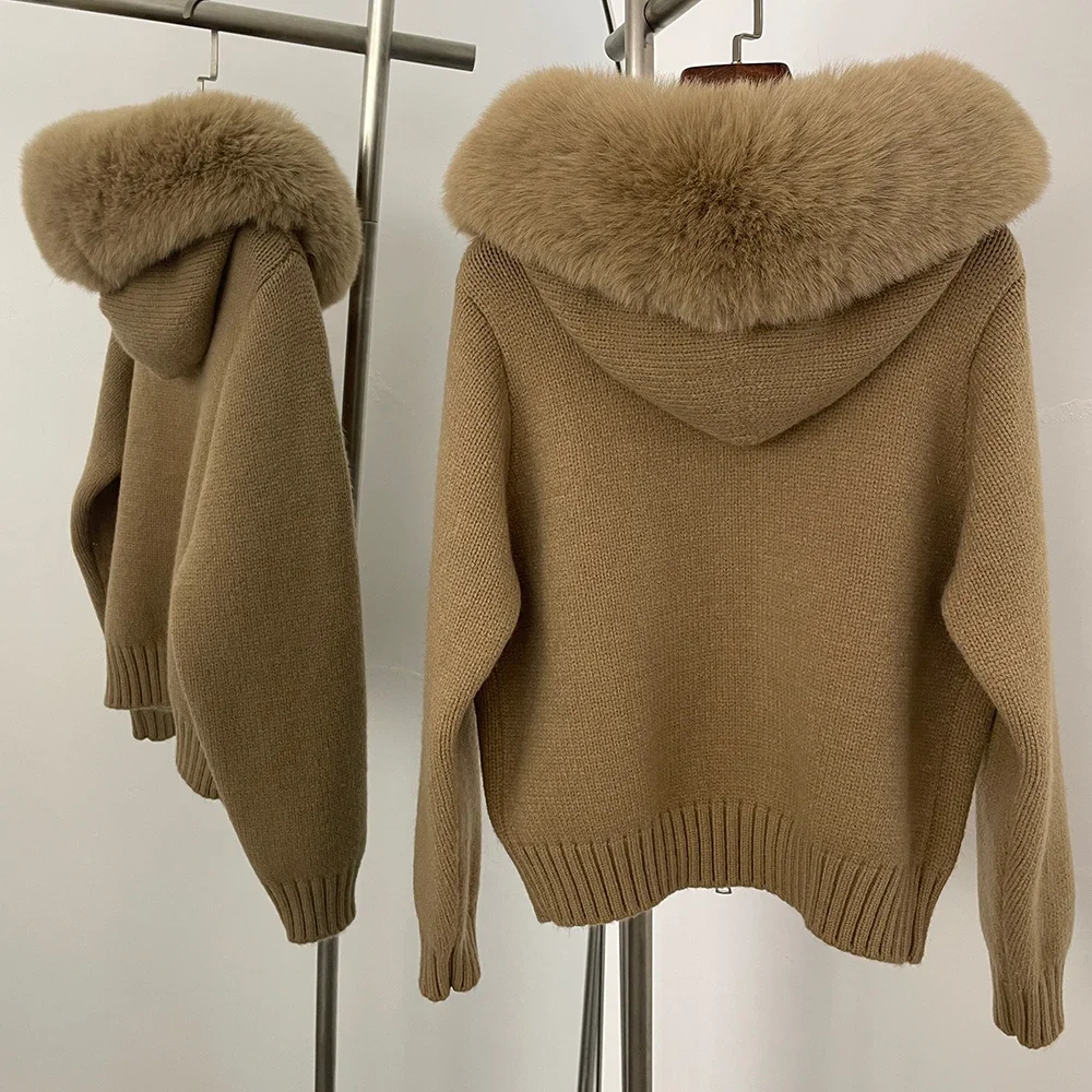 Hooded Oversized Cardigan Women Winter Faux Fur Sweater Female Solid Fake Fur Kintted Coat Fashion Loose Artificial Fur Knitwear