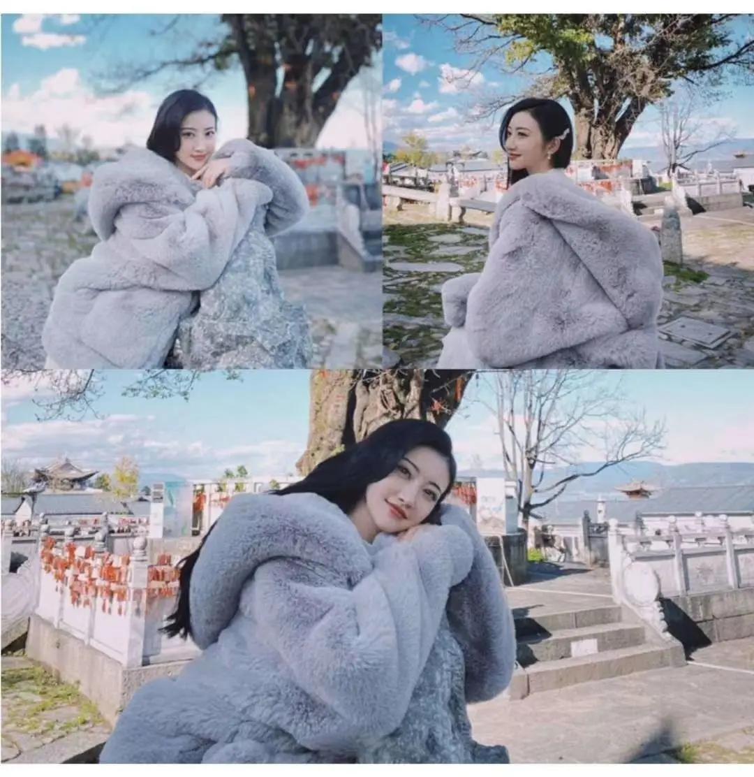 Autumn Winter New Hooded Imitation Rabbit Hair Mid-Length Loose Fashion Fur Coat Korean Loose Thicke Plush Jacket Women Outwear