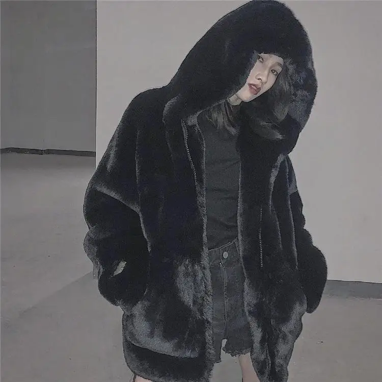 Autumn Winter New Hooded Imitation Rabbit Hair Mid-Length Loose Fashion Fur Coat Korean Loose Thicke Plush Jacket Women Outwear
