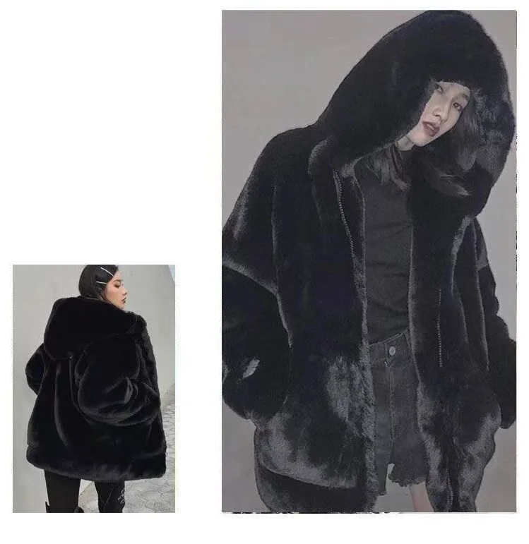 Autumn Winter New Hooded Imitation Rabbit Hair Mid-Length Loose Fashion Fur Coat Korean Loose Thicke Plush Jacket Women Outwear