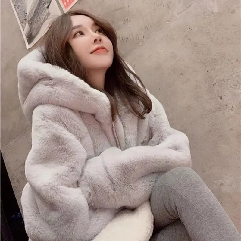 Autumn Winter New Hooded Imitation Rabbit Hair Mid-Length Loose Fashion Fur Coat Korean Loose Thicke Plush Jacket Women Outwear