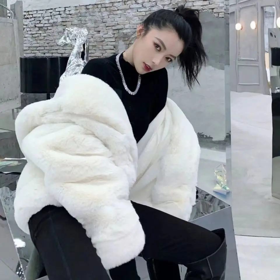 Autumn Winter New Hooded Imitation Rabbit Hair Mid-Length Loose Fashion Fur Coat Korean Loose Thicke Plush Jacket Women Outwear