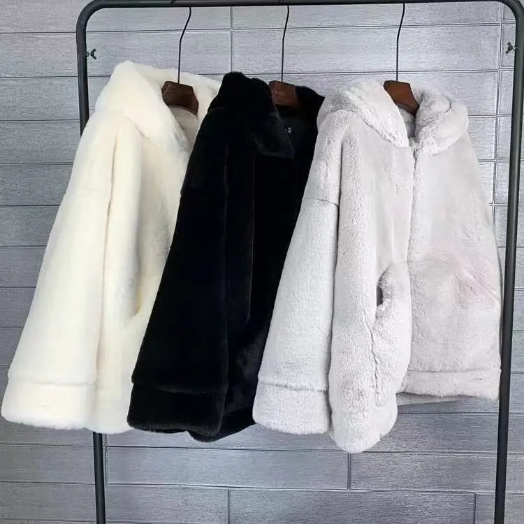 Autumn Winter New Hooded Imitation Rabbit Hair Mid-Length Loose Fashion Fur Coat Korean Loose Thicke Plush Jacket Women Outwear