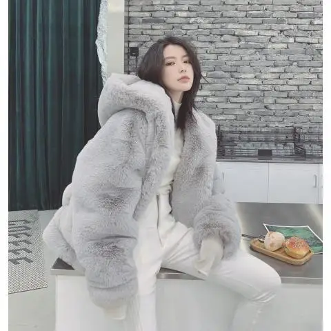 Autumn Winter New Hooded Imitation Rabbit Hair Mid-Length Loose Fashion Fur Coat Korean Loose Thicke Plush Jacket Women Outwear