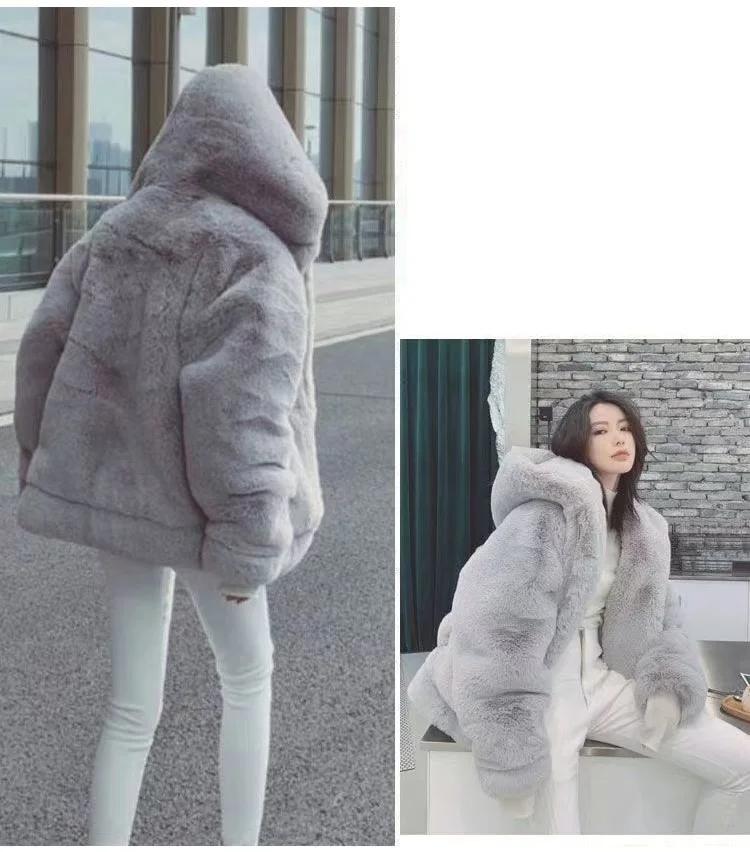 Autumn Winter New Hooded Imitation Rabbit Hair Mid-Length Loose Fashion Fur Coat Korean Loose Thicke Plush Jacket Women Outwear