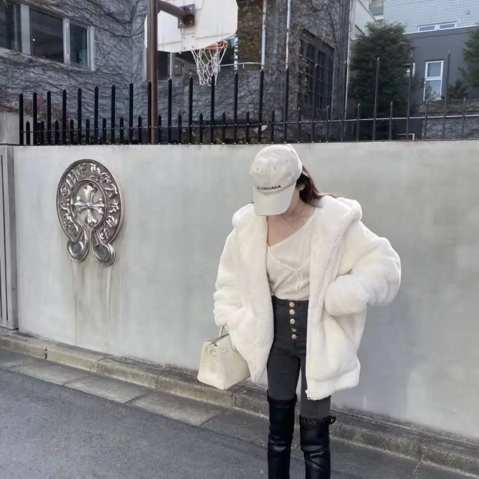 Autumn Winter New Hooded Imitation Rabbit Hair Mid-Length Loose Fashion Fur Coat Korean Loose Thicke Plush Jacket Women Outwear