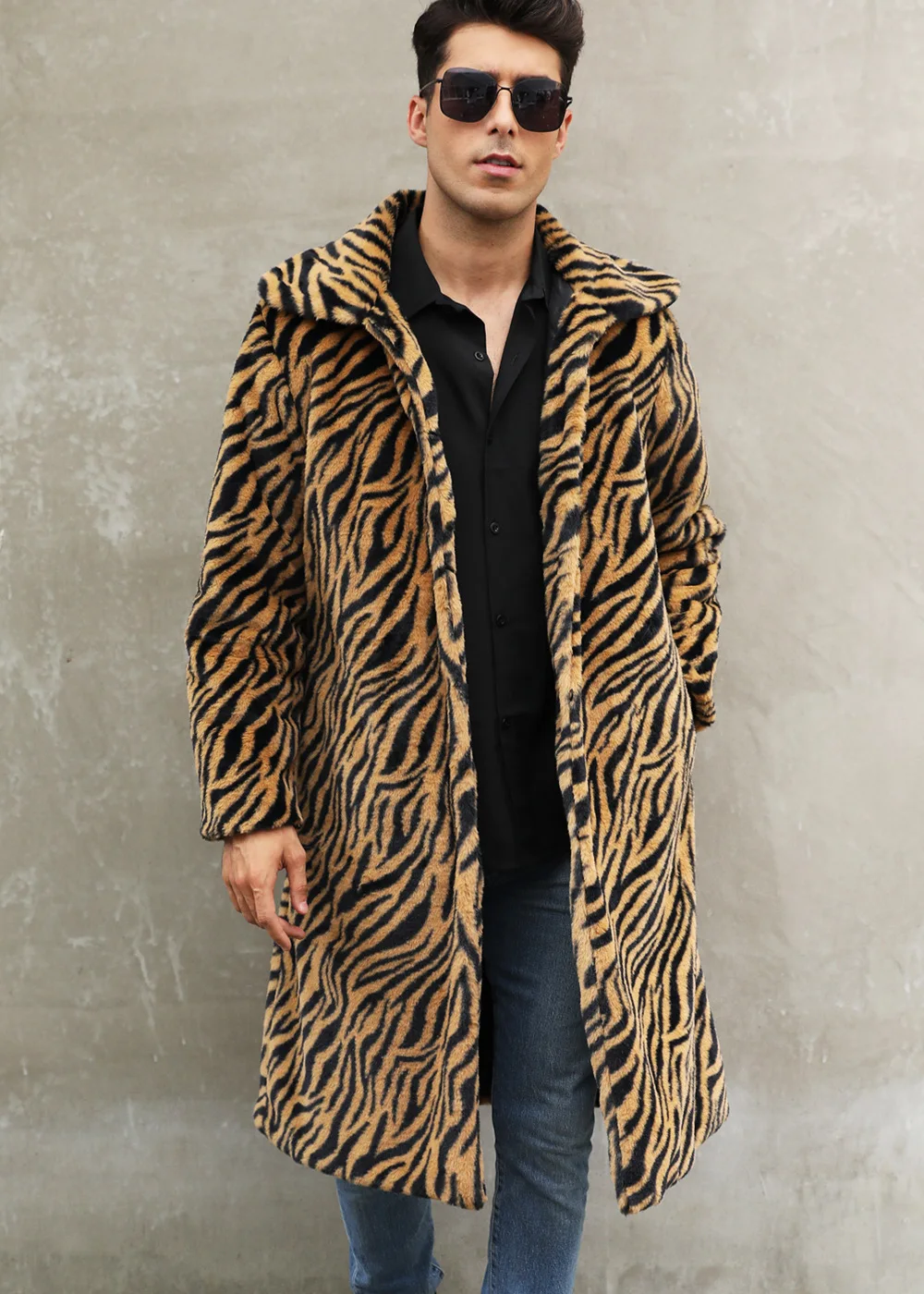 Autumn and Winter New Men's Square Collar Imitation Fur Long Coat Coat Men's Zebra Pattern