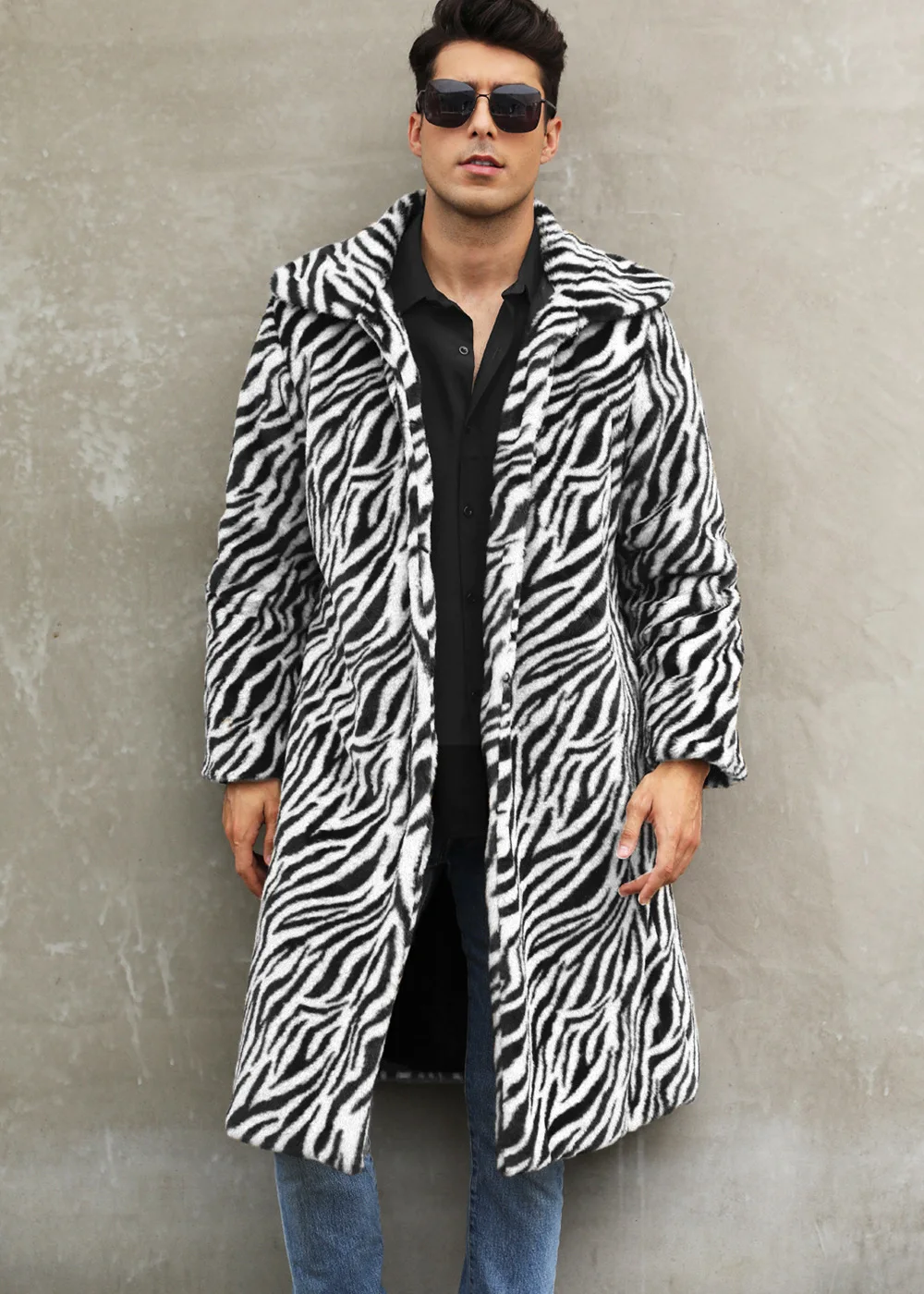 Autumn and Winter New Men's Square Collar Imitation Fur Long Coat Coat Men's Zebra Pattern