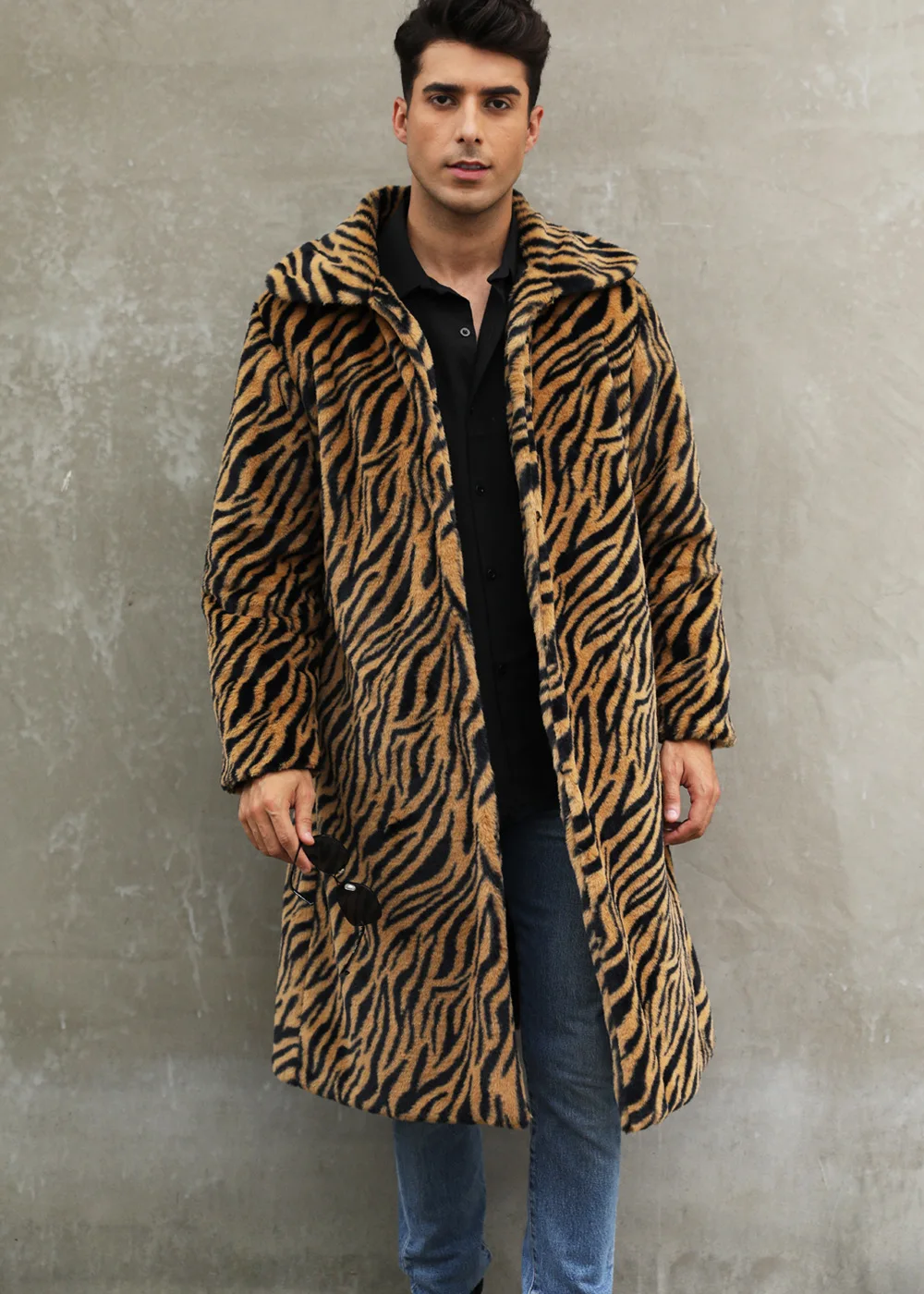 Autumn and Winter New Men's Square Collar Imitation Fur Long Coat Coat Men's Zebra Pattern