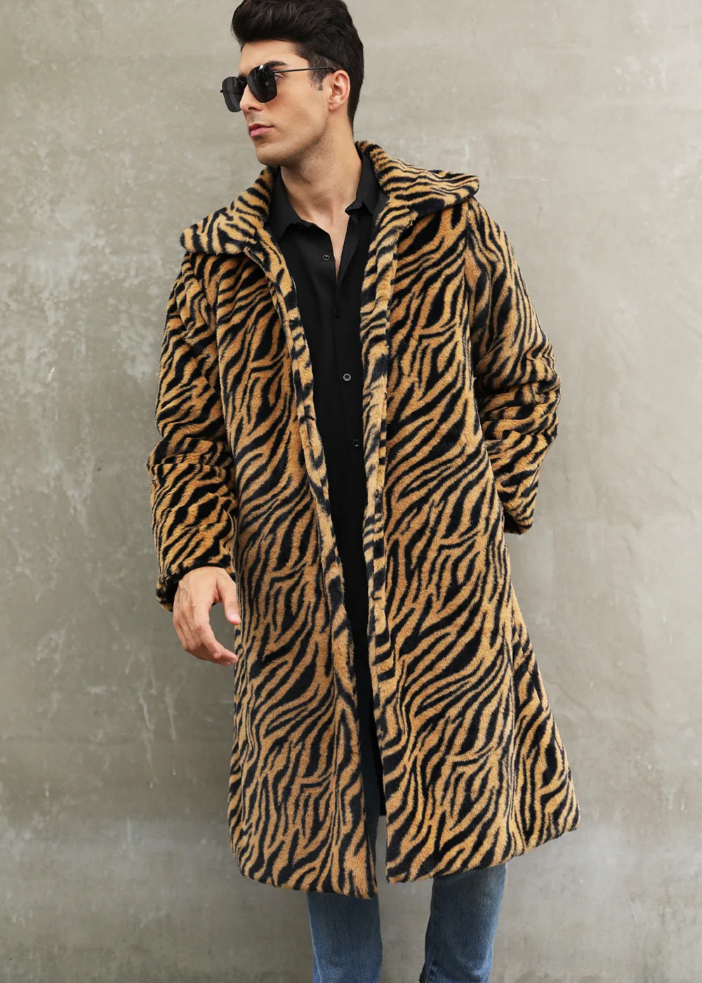 Autumn and Winter New Men's Square Collar Imitation Fur Long Coat Coat Men's Zebra Pattern