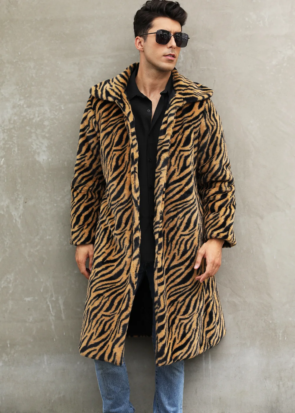 Autumn and Winter New Men's Square Collar Imitation Fur Long Coat Coat Men's Zebra Pattern