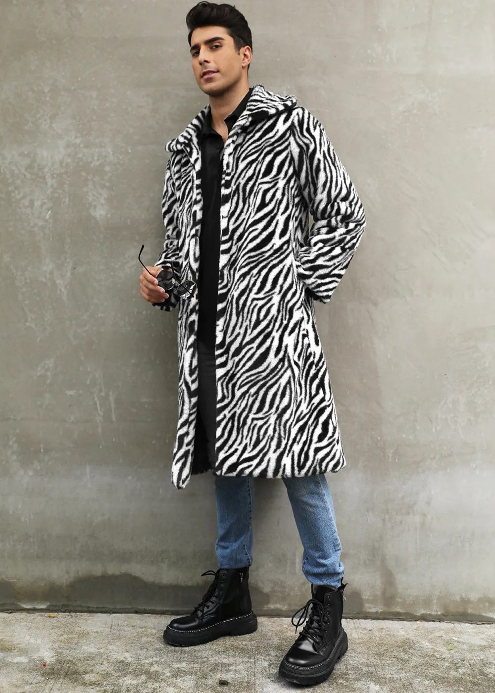 Autumn and Winter New Men's Square Collar Imitation Fur Long Coat Coat Men's Zebra Pattern