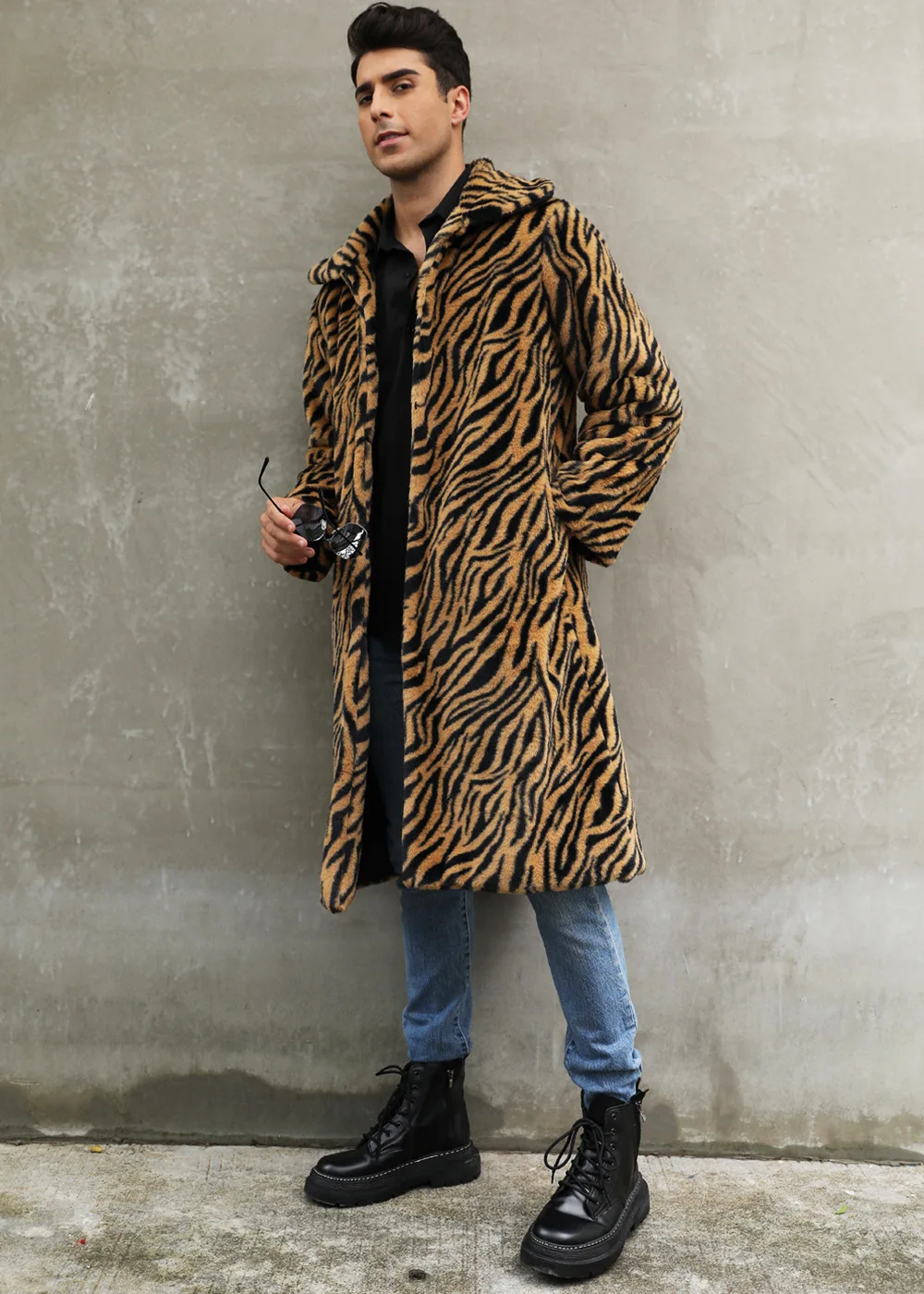 Autumn and Winter New Men's Square Collar Imitation Fur Long Coat Coat Men's Zebra Pattern