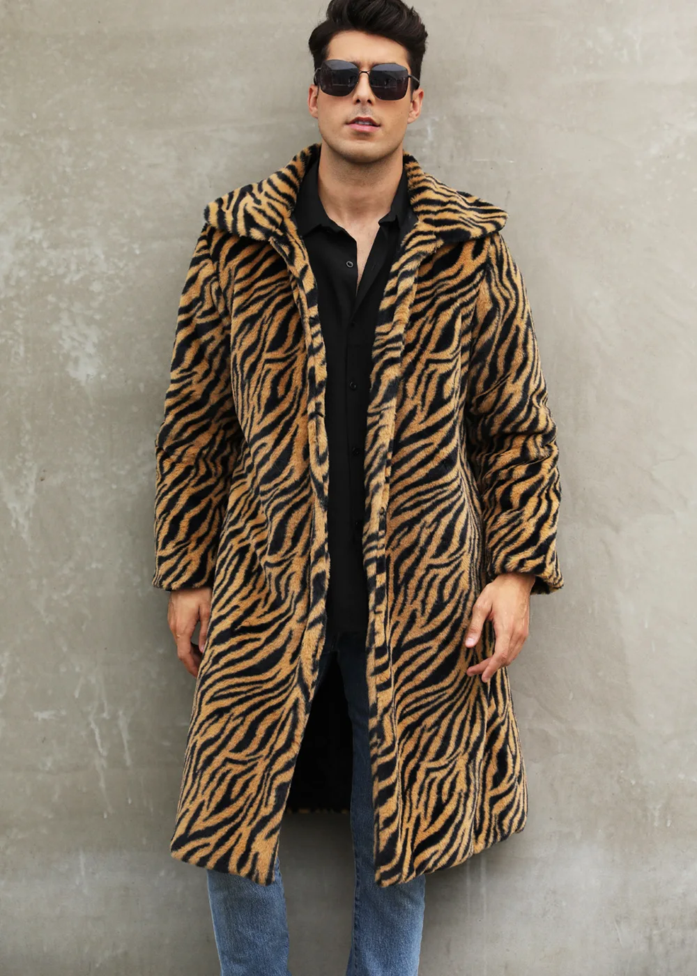 Autumn and Winter New Men's Square Collar Imitation Fur Long Coat Coat Men's Zebra Pattern