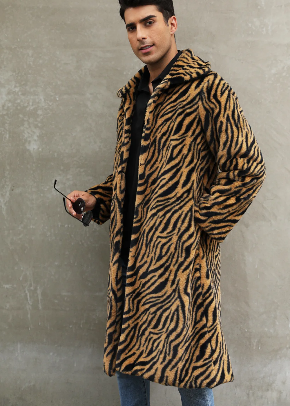 Autumn and Winter New Men's Square Collar Imitation Fur Long Coat Coat Men's Zebra Pattern