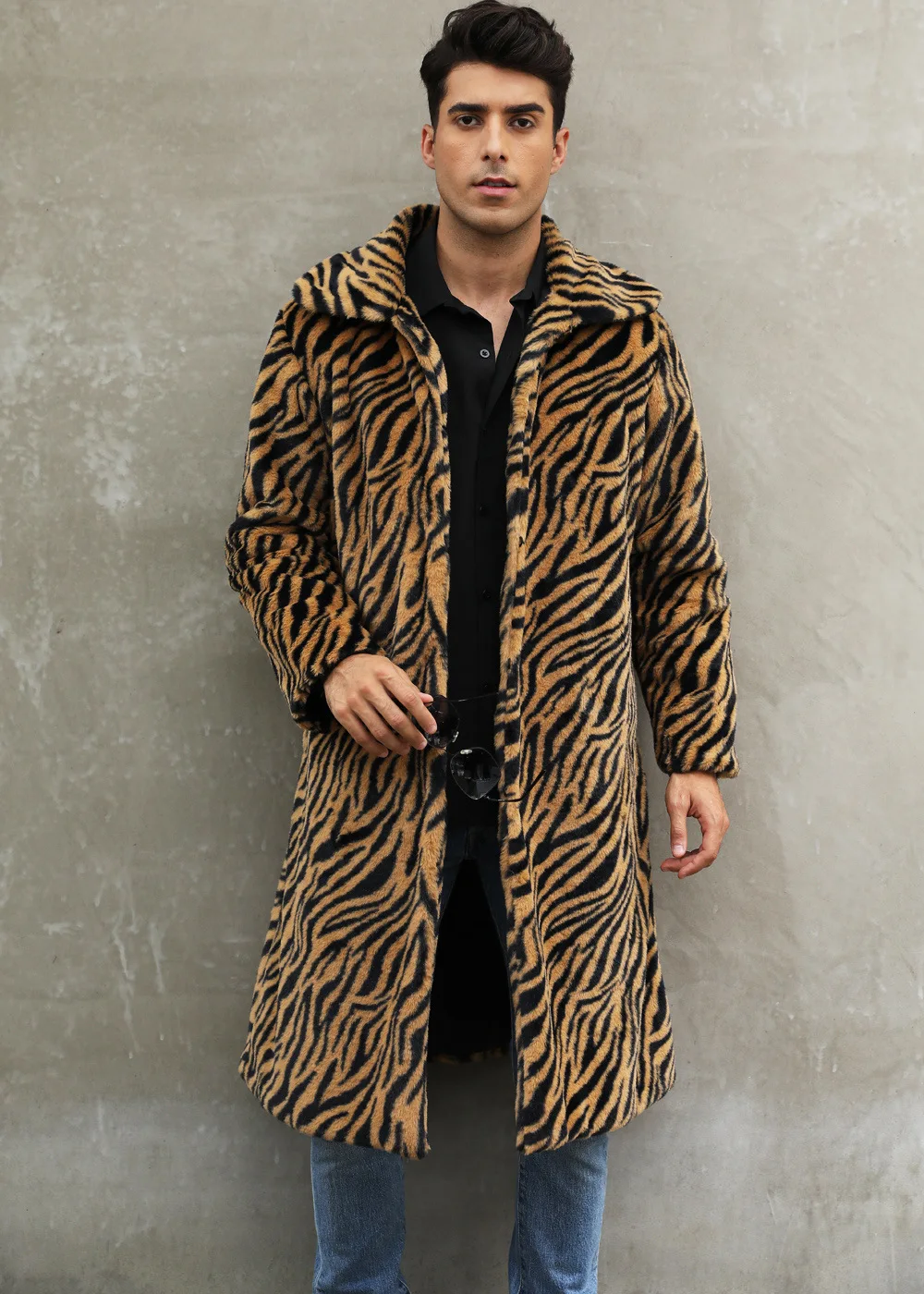 Autumn and Winter New Men's Square Collar Imitation Fur Long Coat Coat Men's Zebra Pattern