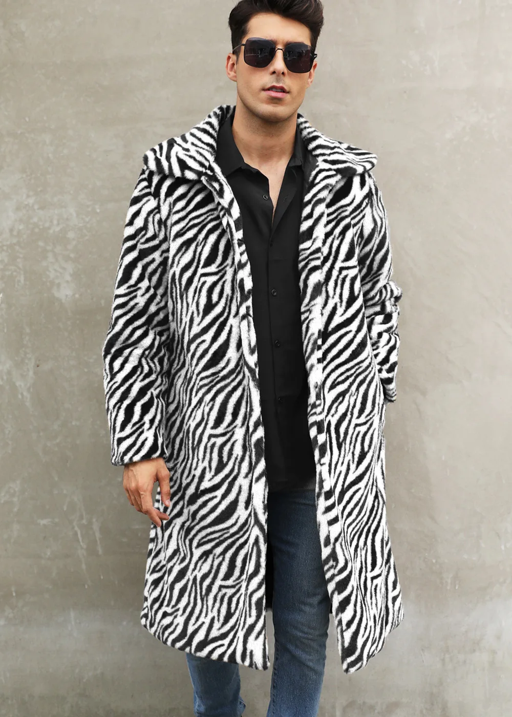 Autumn and Winter New Men's Square Collar Imitation Fur Long Coat Coat Men's Zebra Pattern