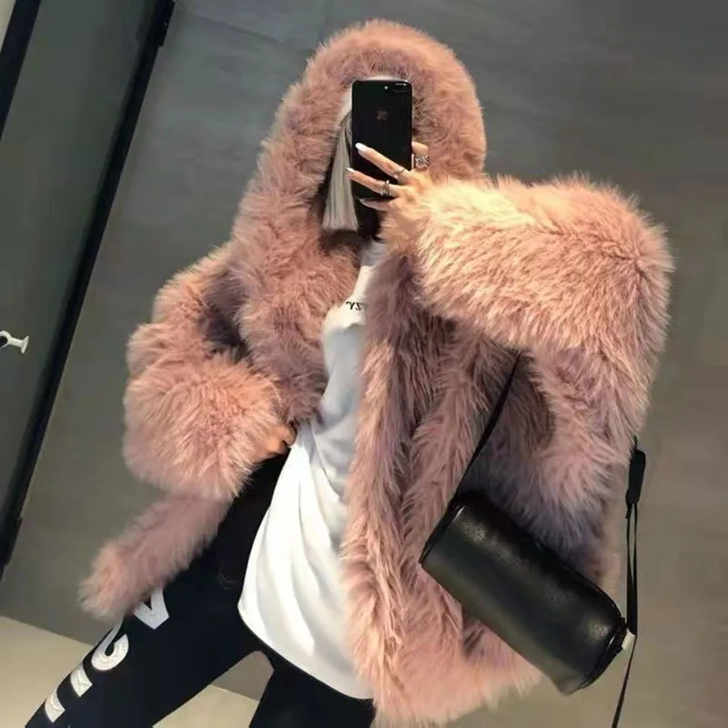 KUCLUT 2025 Winter New Fashion Faux Fox Fur Knitted Coat With Hood For Women High Quality Solid Color Jacket Female 1A1189