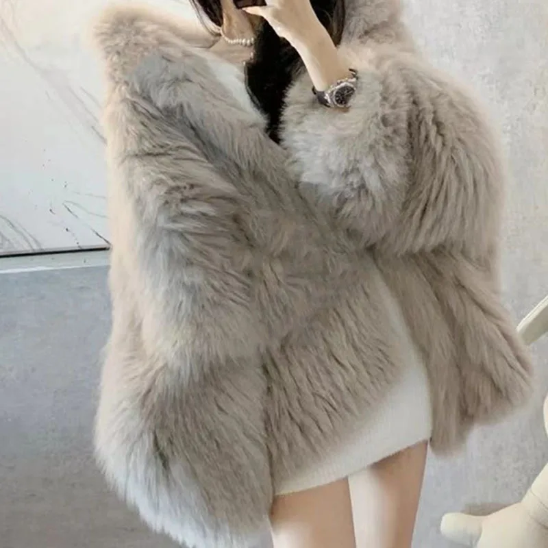 KUCLUT 2025 Winter New Fashion Faux Fox Fur Knitted Coat With Hood For Women High Quality Solid Color Jacket Female 1A1189