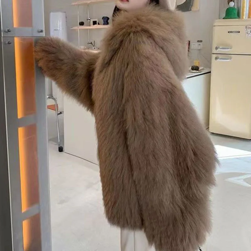 KUCLUT 2025 Winter New Fashion Faux Fox Fur Knitted Coat With Hood For Women High Quality Solid Color Jacket Female 1A1189