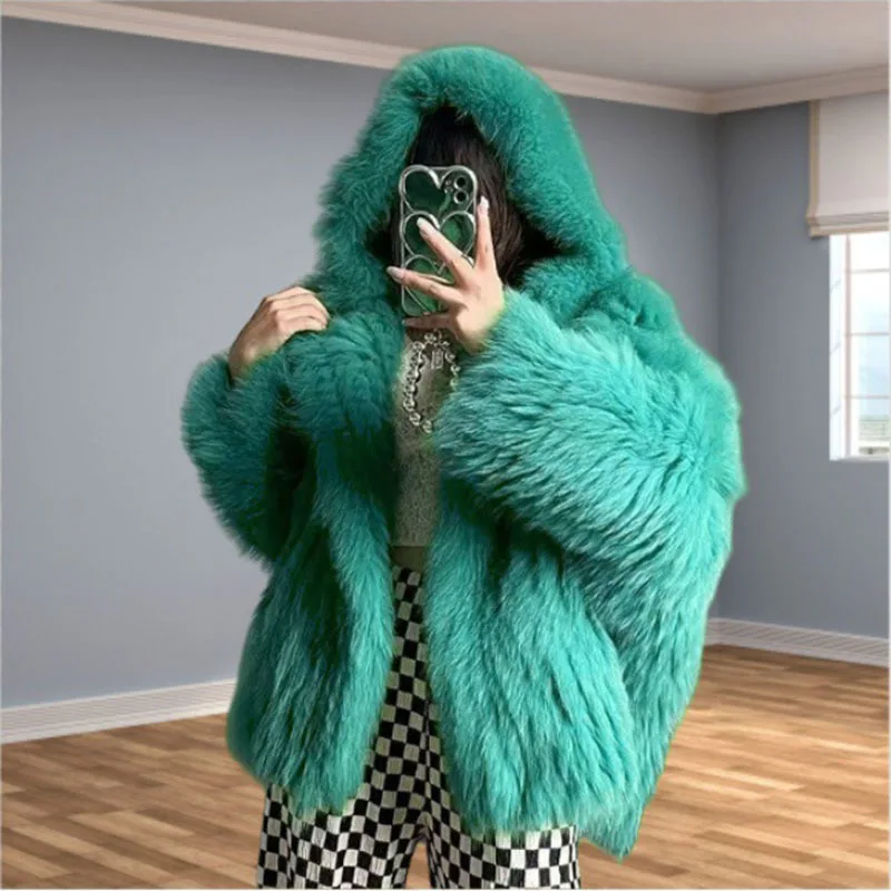 KUCLUT 2025 Winter New Fashion Faux Fox Fur Knitted Coat With Hood For Women High Quality Solid Color Jacket Female 1A1189